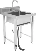 Freistehende Edelstahl Spültisch 1 Becken Outdoor Spüle Multifunktions Waschtisch Küchenspüle Gewerbliche Spüle mit Heiße & Kalte Wasserhahn und Ablageflächen 60x60x93cm