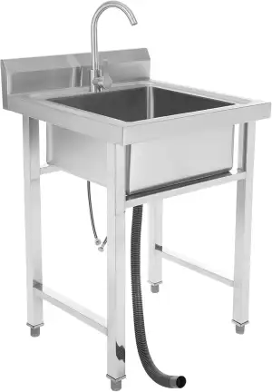 Freistehende Edelstahl Spültisch 1 Becken Outdoor Spüle Multifunktions Waschtisch Küchenspüle Gewerbliche Spüle mit Heiße & Kalte Wasserhahn und Ablageflächen 60x60x93cm