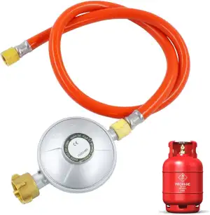 Gasschlauch mit druckminderer, Gasdruckregler 50mbar, 150 cm Gasschlauch, 1/4" -19 LH Außengewinde, Gasschlauch Druckminderer Set, 1/4" Links Gas Niederdruckregler für Gasgrils Camping Picknicks