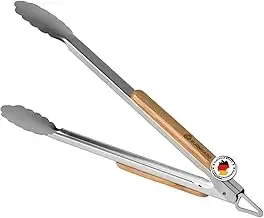 BURNHARD Lange Edelstahl Grillzange (45 cm) Akazien-Holzgriff, Grill-Zubehör, Au