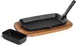 BURNHARD Fajita-Pfanne aus Gusseisen mit Servierbrett aus Akazienholz & Dipschale 28,8 x 17,5 x 3 cm