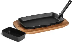 BURNHARD Fajita-Pfanne aus Gusseisen mit Servierbrett aus Akazienholz & Dipschale 28,8 x 17,5 x 3 cm