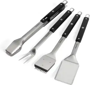 BURNHARD Edelstahl Grillbesteck Set 4-TLG. Grillzange, Grillbürste, Grillspachte