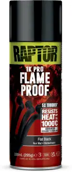 RAPTOR Flameproof | Feuerfest | hitzebeständig bis 1000°C | Thermo-Lack-Spray | Schutz für Auspuff, Motor & Auspuffkrümmer vor Rost | schnell trockenend (flat black/mattschwarz - 338ml)