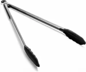 Doosu Grillzange Küchenzange Edelstahl Silikonspitzen, 315℃ Hitzebeständige Silikon Kochzange mit glatter Verriegelung, Rostfreier Langgriff für Heißluftfritteuse, Grill, Nudeln, Salat (40cm，Schwarz)