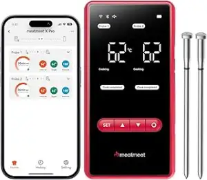 X Pro Fleischthermometer kabellos mit Bluetooth & WLAN, 2 Sonden 6 Sensoren, Einteiliges Edelstah...