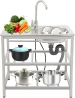 Küchenspüle Edelstahl Spülbecken Freistehende Waschbecken, 1 Becken Outdoor Spüle Gewerbliche Spüle mit Heiße & Kalte Wasserhahn, 75 x 40 x 78cm Edelstahlspüle Spültisch mit 2 Ablageflächen