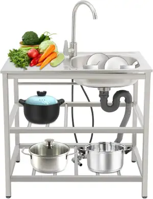 Küchenspüle Edelstahl Spülbecken Freistehende Waschbecken, 1 Becken Outdoor Spüle Gewerbliche Spüle mit Heiße & Kalte Wasserhahn, 75 x 40 x 78cm Edelstahlspüle Spültisch mit 2 Ablageflächen