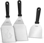 Onlyfire Edelstahl Grillspachtel Set, 3-TLG Plancha Spachtel Set, inkl. 2 Pfannenwender und Schaber, Grillbesteck Set für Plancha, Grillplatte, Gasgrill, Smash Burger Set