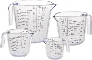 4 Stück Messbecher Set, Kunststoff Mit Griff und Skala, 150/300/600/1000ml, Hitzebeständig Präzisions Für Küche Labor, BPA-Frei, Transparent