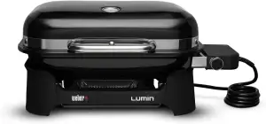 Weber Lumin Compact Tragbarer Kompakter Elektrogrill/Anbraten, Räuchern, Dämpfen, Kochen und Warmhalten, Bis zu 315 °C, Porzellanemaillierte Gusseisenroste, 43 x 32 cm, Schwarz