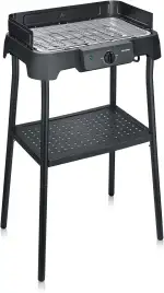 Severin Elektrogrill mit Standfuß, einstellbare Temperatur 35-200 Grad Celsius, schnelles Aufheizen, 38x22cm, Tischgrill mit Auffangschale, Edelstahl-Grillrost, Balkongrill, 2000W, schwarz, PG 8594