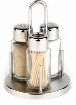 APS 40320 Menage "CLASSIC", Ø 10,5 cm, Höhe 16 cm, Set besteht aus: Salz- und Pfefferstreuer, Zahnstocherspender, Ständer aus Edelstahl