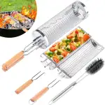 2 Stück Grillkorb Edelstahl mit Doppelten Holzgriffen, Seitlich zu öffnendes Design Rollengrillkorb mit Reinigungsbürste Grillzubehör für Außengrill für Gemüse Fleisch, Geschenke für Männer