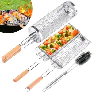 2 Stück Grillkorb Edelstahl mit Doppelten Holzgriffen, Seitlich zu öffnendes Des