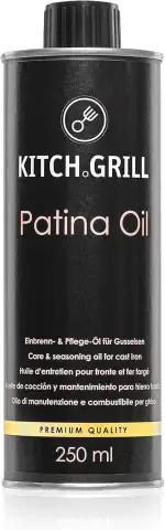KitchGrill Einbrenn- und Pflegeöl |250 ml | Patinaöl für Gusseisenpfannen und - Töpfe, Grillroste, Grillplatten, Dutch Oven, etc. | Gusseisen, Schmiedeeisen, Einbrennöl, Pflegeöl
