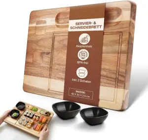 Premium Schneidebrett aus Holz - Servierbrett mit 2 bruchsicheren Snackschalen -