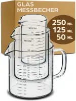 Praknu Glas Messbecher Set mit Ausguss - 50ml, 125ml, 250ml Präzise Skala - Stapelbar - Hitzebeständig & Mikrowellengeeignet
