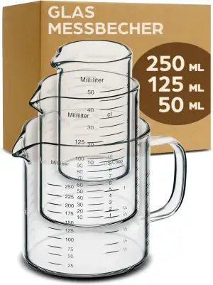 Praknu Glas Messbecher Set mit Ausguss - 50ml, 125ml, 250ml Präzise Skala - Stapelbar - Hitzebeständig & Mikrowellengeeignet
