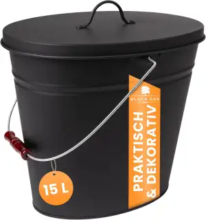 BLACK OAK Ascheeimer Vesuvio 15L – schwarz oval mit Deckel - groß 15 Liter - Stahl feuerfest verzinkt & pulverbeschichtet Asche & Kohle Eimer ideales Zubehör für Kamin Kachelofen Holzofen