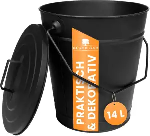 BLACK OAK Ascheeimer ETNA 14L – schwarz mit Deckel - groß 14 Liter - Stahl feuerfest verzinkt & pulverbeschichtet Asche & Kohle Eimer ideales Zubehör für Kamin Kachelofen Holzofen