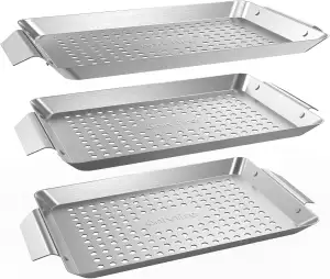 Onlyfire Grillschale Edelstahl, Rechteckiger Grillkorb Set für Fleisch, Gemüse und Fisch, Mini Grillschalen für Gasgrill Zubehör, Gelochte Grillpfanne, 32 x 18,5 x 1,7 cm