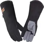 40 CM, Leder Grillhandschuhe, Feuerfester Hitzebeständige Mitts für Schweißen, Feuerwehr, Kamin, Ofen, Backen, Herd, Topfhalter, Tierbehandlung. Grau-schwarzer Großer Feuerfest Handschuh