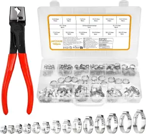 160PCS Einohr-Schlauchschellen aus Edelstahl mit Schlauchklemmzange – 14 Größen (5.3-33.1mm) | Robuste Klemmschellen für Schläuche