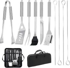 Grillbesteck-Set 11-TLG. 34 cm, Edelstahl, Grillzubehör mit Grillzange, Grillgab