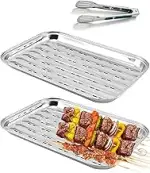 2 Stück BBQ Grillschalen aus Edelstahl Grillschale, 34.5 x 24.2 x 2.7 cm Grillpfanne Wiederverwen...