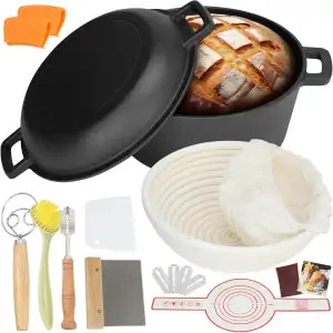 5QT Gusseisen Dutch Oven (Sauerteig-Starter-Set mit Gärkörbchen, Brotritzmesser & Deckel – ideal zum Brot Backen) (Familien-Kochen, Braten, Schmoren & BBQ)