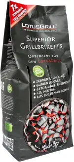 LotusGrill Superior BBQ-Briketts aus Buchenholzkohle 3KG Pack - CO2 neutral, zündet schnell, Lange Brenndauer, aus Buchenholzkohle (bis zu 3 Stunden Grill spaß)