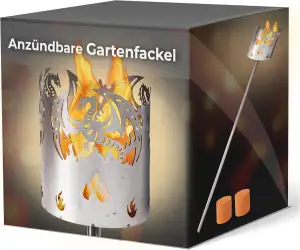 Gartenfackel für draußen Motiv Drache 2X Brennelemente - Holzspäne mit Wachs - Schwedenfackel Pelletfackel Feuersäule Flammschalen Wachsfackel Gartenleuchte