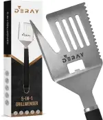 Grillspatel 5 in 1 Multifunktionales Grillzubehör fürs Grillen aus Edelstahl, Grillspachtel mit E...