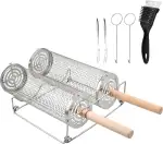 2 Pcs Grillkorb Edelstahl 30cm 29cm, Upgrade Öffnung, Grillkorb Gemüse Rund mit 2 Abnehmbarer Holzgriff, 2 Haken, 2 Gabeln, Reinigungsbürste, Halterungen, Grillzubehör Grill Geschenke Männer Frauen