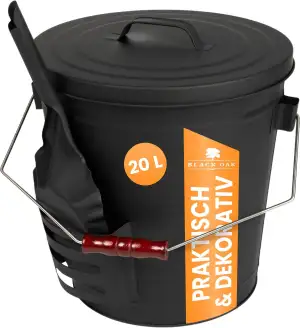 BLACK OAK Ascheeimer Stromboli 20L – schwarz mit Deckel & Schaufel - Bügel Silbe