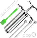 60ml BBQ Marinadenspritze Edelstahl Bratenspritze mit 3 Nadeln,Fleischspritze,krapfenspritze,in Edelstahl 304 Gewürzspritze Grill Reinigungsbürste Huhn Rind Gebäck (Silber