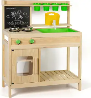 BlueWood Matschküche Kinder Outdoor – FSC Holz Küche mit Wasserhahn, Spielbecken