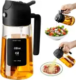 2 in 1 Ölsprüher zum Kochen, 470ml Glasölflaschen/Olivenöl Sprühflasche für Salat, Grillen und Heißluftfritteuse (Schwarz)