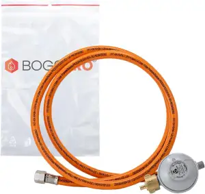 Set aus Propangasschlauch 150 cm und Gasdruckregler 50 mbar, Druckminderer Gas 1/4" Linksgewinde, Gasschlauch und Druckregler inkl. Polybeutel, Polyvinylchlorid (PVC)