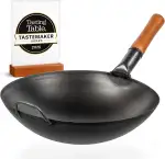 YOSUKATA Karbonstahl Woks & Wokpfannen - 36 cm Voreingebrannter Wok Pfanne Carbonstahl Runder Boden - Traditionell Wok Für Gasherd - Kompatibel mit Gas, Grill, Feuer, Gasgrill - Asiapfanne