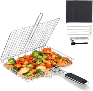 BEWOS Fisch-Grillkorb mit hoher Kapazität, Edelstahl-Grillkorb mit Aufbewahrungs