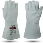 Leder Grillhandschuhe Kaminhandschuhe–Hitzebeständig bis 500 °C,feuerfestes Rinds-Spaltleder,EN407 & EN388,Lange Stulpen für Ofen, Feuerstelle, Schweißen, Schmiede, BBQ & Feuerwehr(Grau,M)