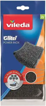 Vileda Glitzi Power INOX, Stahlschwamm gegen hartnäckige Verschmutzungen, länger haltbar, hygienische Reinigung, Härtegrad 3, 2er Pack