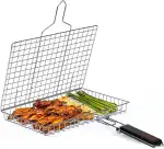 304-Edelstahl Fisch-Grillkorb (Vertiefte Version) | Faltbar & Tragbar mit abnehmbarem Griff | Antihaft-Netz, Robust rostfrei | Für Fisch, Gemüse, Garnelen, Steak & mehr