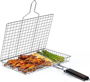 304-Edelstahl Fisch-Grillkorb (Vertiefte Version) | Faltbar & Tragbar mit abnehm