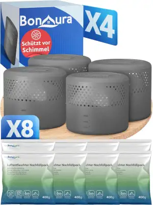 BonAura® 4x Luftentfeuchter ohne Strom + 8x 400g Luftenfeuchter Nachfüllpack - R