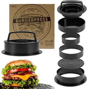Burgerpresse mit 100 Blatt Burger Papier, 4 Patty Größen inkl. Gefüllte Patties und XXL, Burger P...