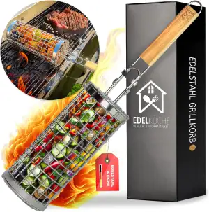 EdelKüche Premium Grillkorb aus Edelstahl für Gemüse und Fleisch | XXL, Rund, Zy
