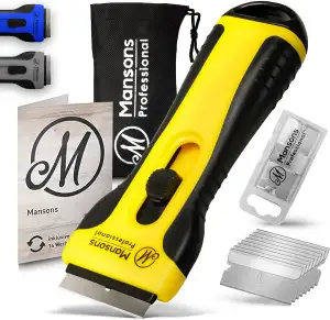 Mansons Profi Glasschaber mit 15 Ersatzklingen - Kochfeldschaber mit Soft-Touch-Griff Ideal für Herd, Fenster & Haushalt